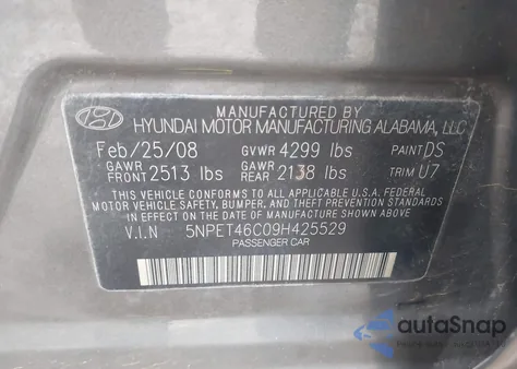 2009 Hyundai Sonata Gls из США, поврежденный, VIN 5NPET46C09H425529